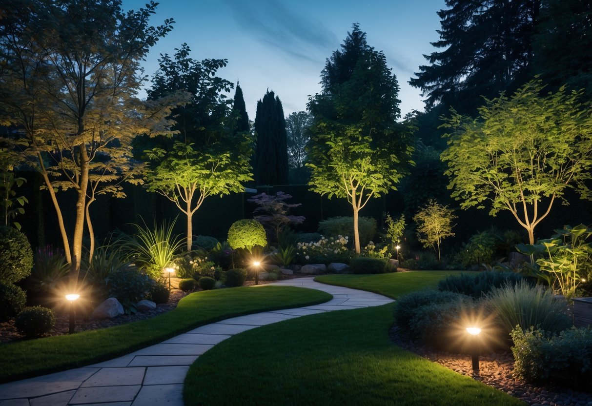 21+ Garden Lighting Ideas: Stunning Ways to Transform Your US Backyard This Summer 8 A garden at dusk with spotlights illuminating trees and plants, creating a warm and inviting atmosphere.