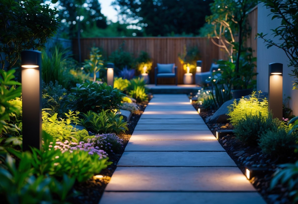 21+ Garden Lighting Ideas: Stunning Ways to Transform Your US Backyard This Summer 9 A garden pathway at dusk illuminated by motion sensor lights, surrounded by plants and outdoor seating.