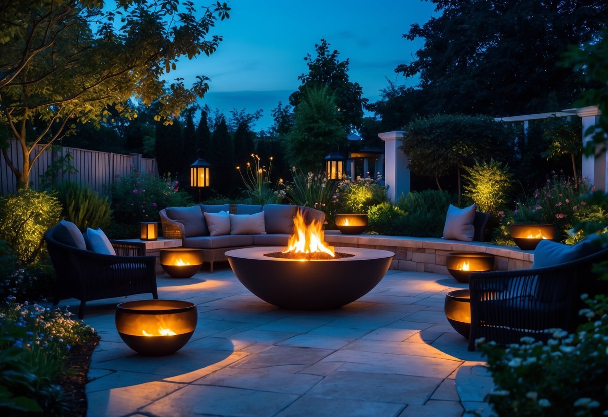 21+ Garden Lighting Ideas: Stunning Ways to Transform Your US Backyard This Summer 10 An outdoor garden at dusk with a fire pit and fire bowls lighting a stone patio surrounded by plants and seating.