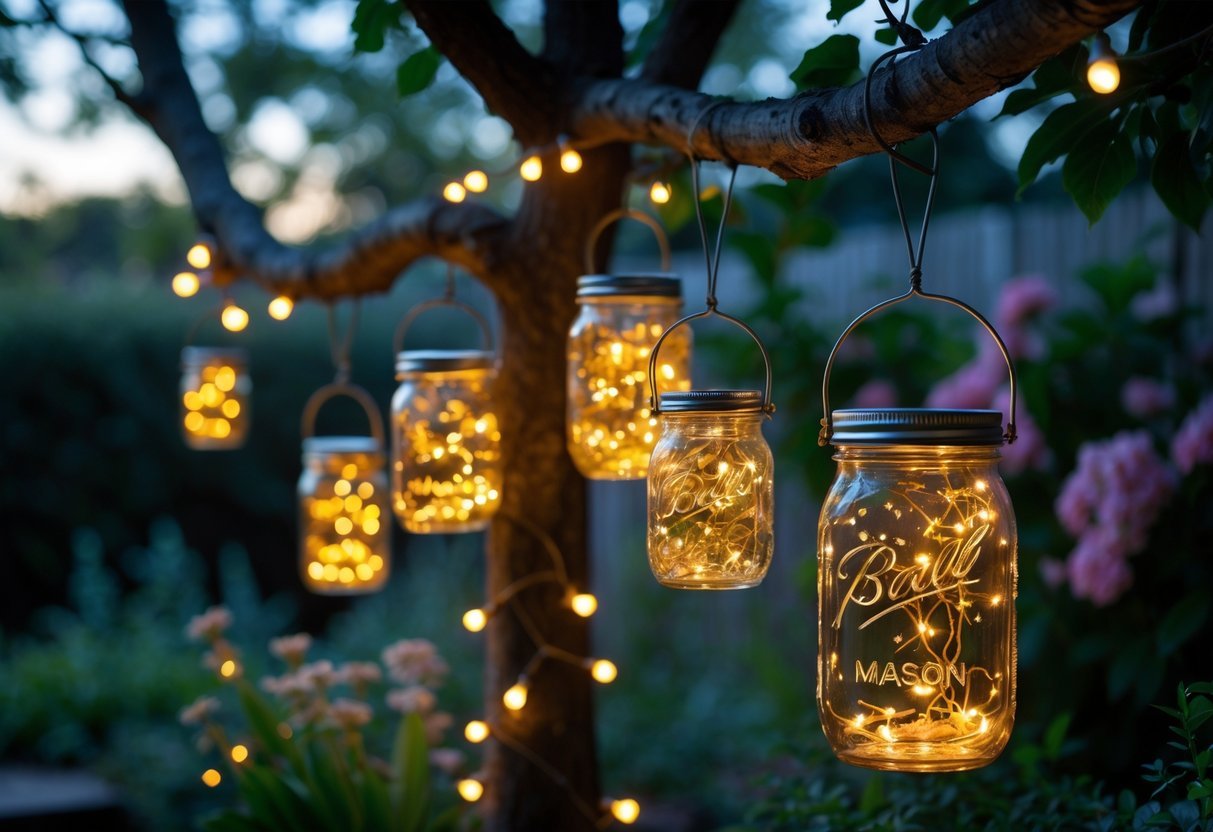 21+ Garden Lighting Ideas: Stunning Ways to Transform Your US Backyard This Summer 11 A garden at dusk with mason jars hanging from trees, glowing with warm lights among green plants and flowers.