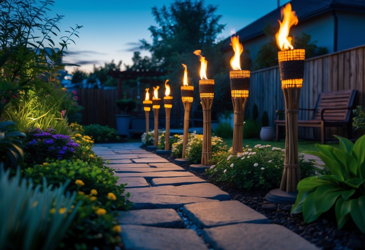 21+ Garden Lighting Ideas: Stunning Ways to Transform Your US Backyard This Summer 12 A garden at dusk lit by tiki torches lining a stone pathway surrounded by plants and flowers.
