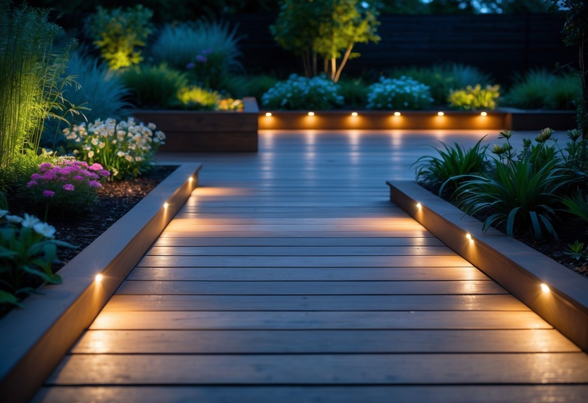 21+ Garden Lighting Ideas: Stunning Ways to Transform Your US Backyard This Summer 13 A garden deck at dusk with recessed lights glowing softly along the wooden floor, surrounded by plants and greenery.