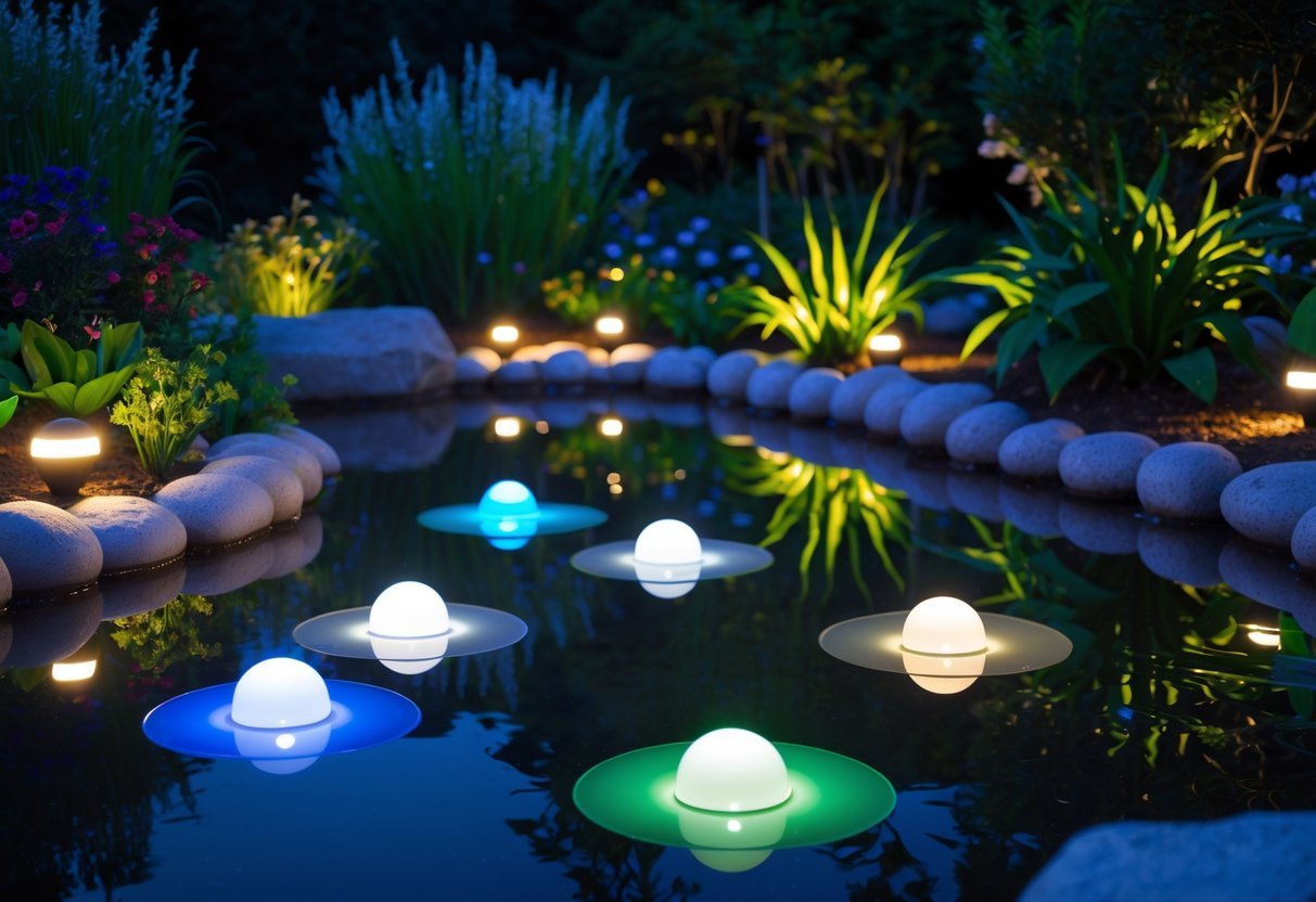 21+ Garden Lighting Ideas: Stunning Ways to Transform Your US Backyard This Summer 14 A calm pond at night with colorful floating lights glowing on the water surrounded by plants and garden greenery.