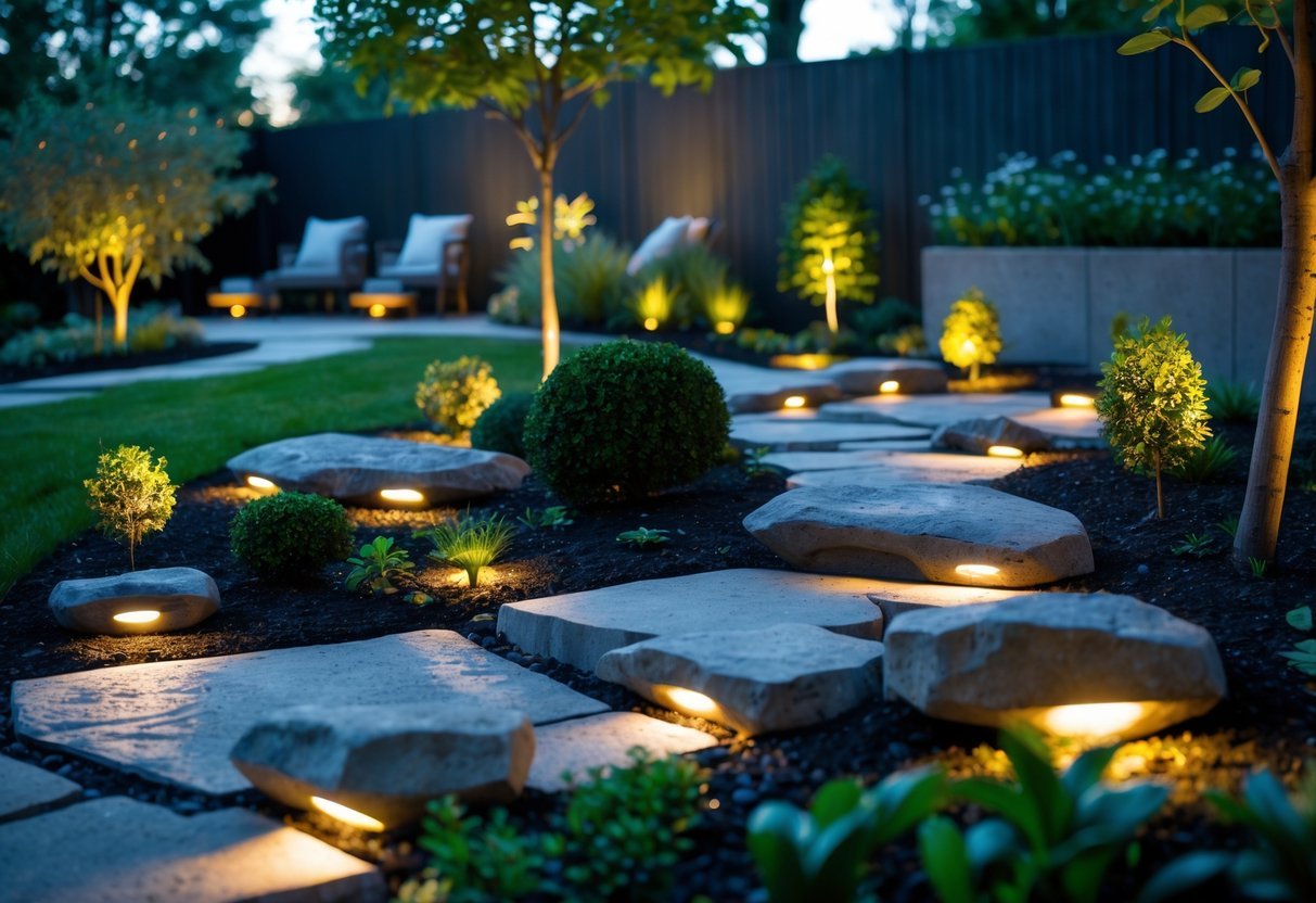 21+ Garden Lighting Ideas: Stunning Ways to Transform Your US Backyard This Summer 15 A garden pathway softly lit by rock-shaped lights surrounded by plants and trees at dusk.