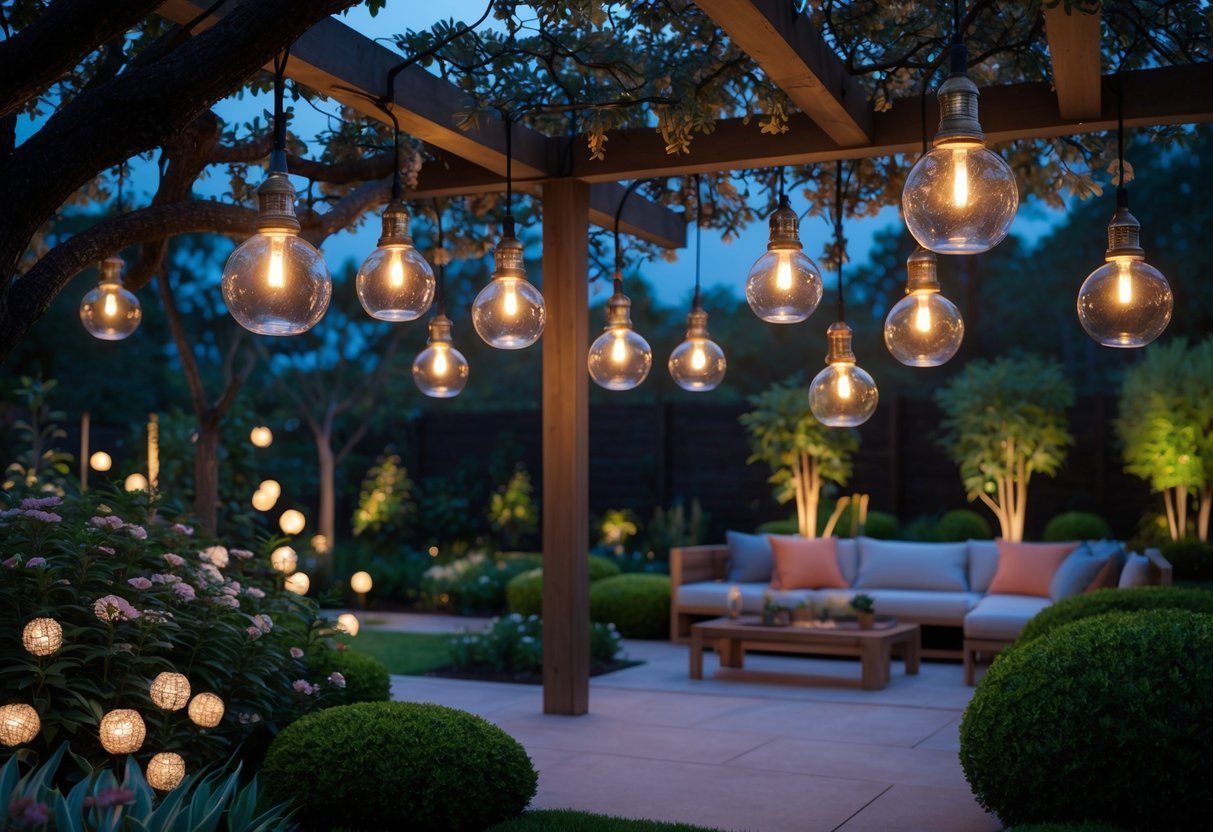 21+ Garden Lighting Ideas: Stunning Ways to Transform Your US Backyard This Summer 16 Outdoor garden scene at twilight with hanging pendant lights illuminating plants and a seating area.