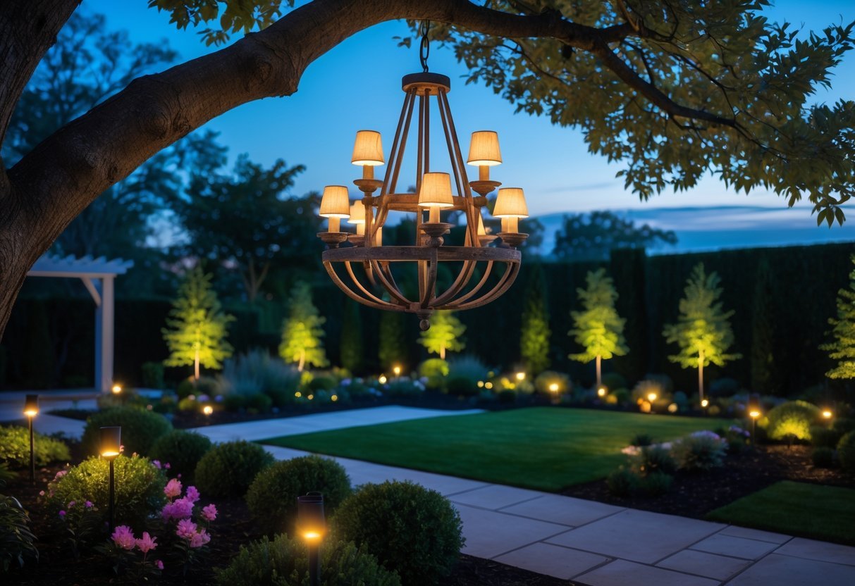 21+ Garden Lighting Ideas: Stunning Ways to Transform Your US Backyard This Summer 17 An outdoor garden at twilight with a chandelier hanging from a tree, softly lighting the surrounding plants and pathways.