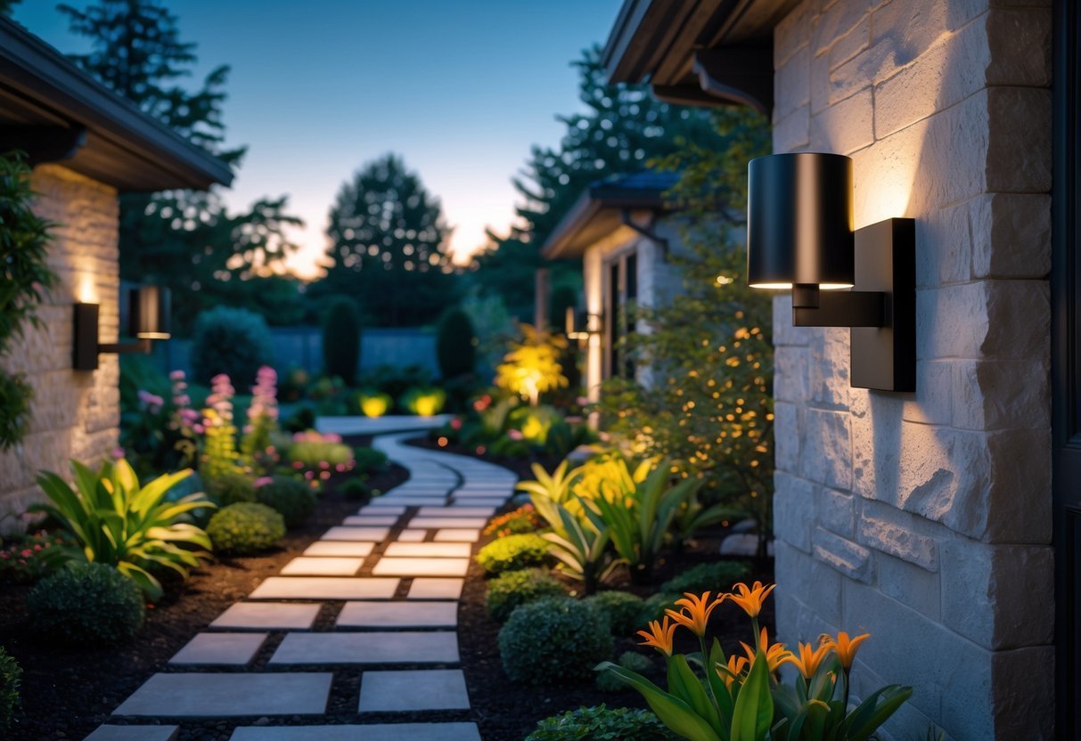 21+ Garden Lighting Ideas: Stunning Ways to Transform Your US Backyard This Summer 18 Wall-mounted sconces lighting a garden pathway with plants and flowers during twilight.