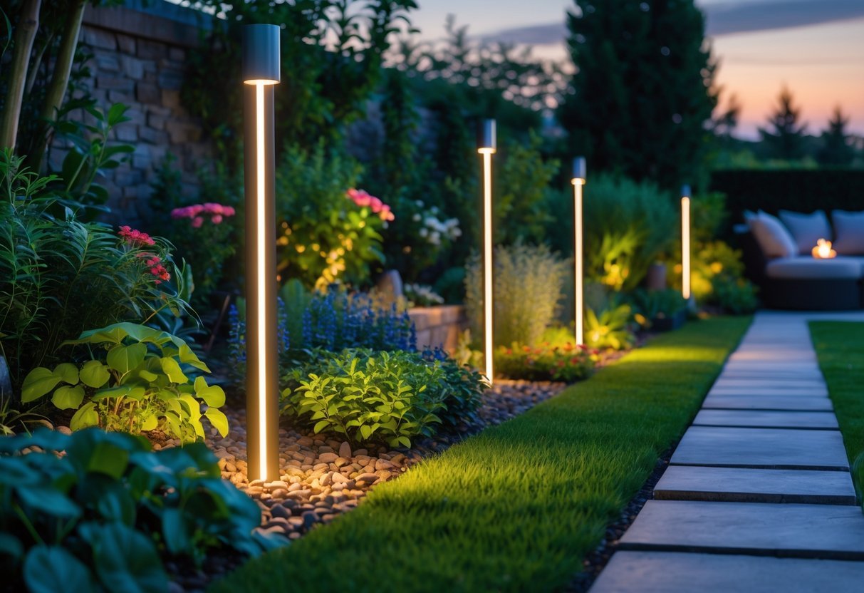 21+ Garden Lighting Ideas: Stunning Ways to Transform Your US Backyard This Summer 19 A garden pathway lit by glowing stake lights surrounded by plants and flowers at dusk.