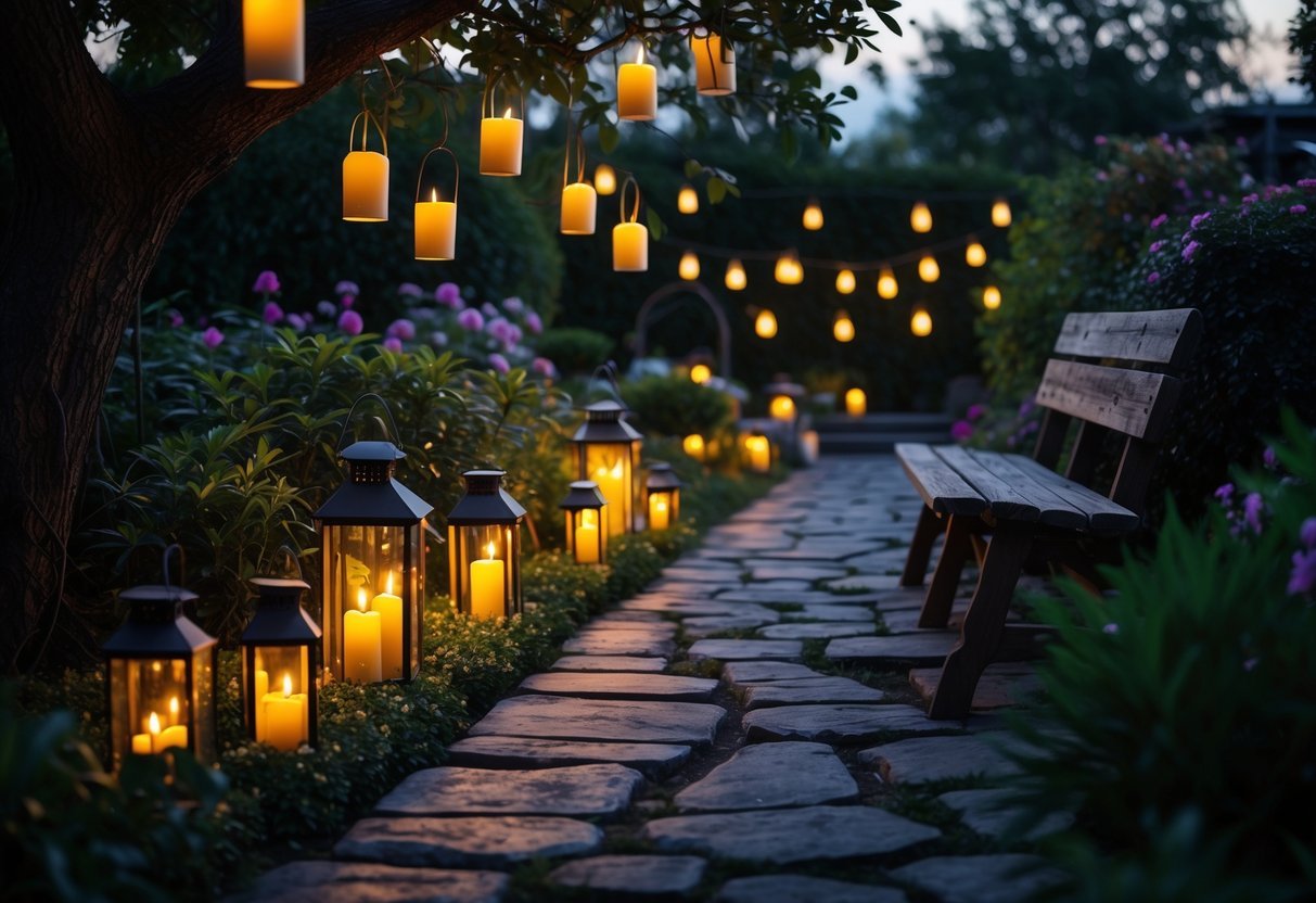 21+ Garden Lighting Ideas: Stunning Ways to Transform Your US Backyard This Summer 20 A garden at dusk lit by candlelit lanterns hanging from trees and lining a stone pathway surrounded by plants and flowers.