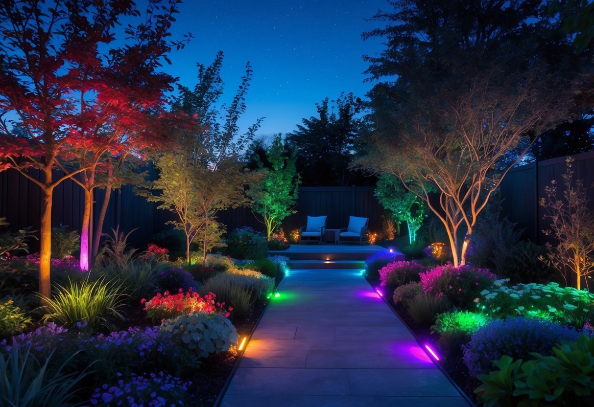 21+ Garden Lighting Ideas: Stunning Ways to Transform Your US Backyard This Summer 21 A garden at dusk with colorful lights illuminating plants, trees, and pathways in red, green, blue, and purple hues.