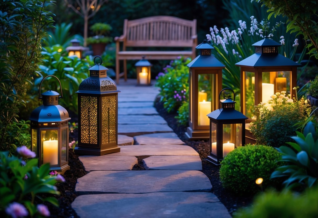 19+ Garden Lantern Ideas: Stylish Ways to Brighten Your US Backyard This Summer 2 A garden at dusk with various lanterns lighting a stone pathway surrounded by plants and flowers.