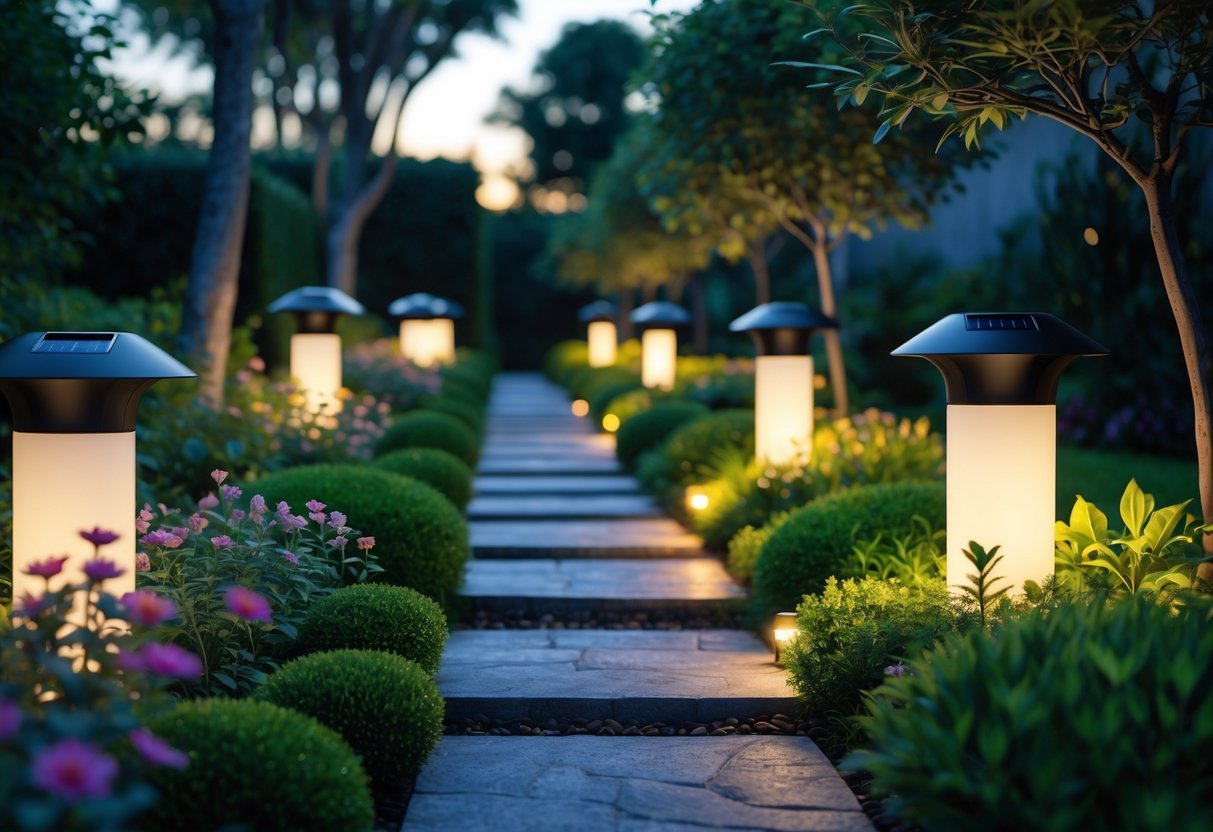 19+ Garden Lantern Ideas: Stylish Ways to Brighten Your US Backyard This Summer 3 A garden path at dusk lit by glowing solar-powered lanterns surrounded by flowers and trees.