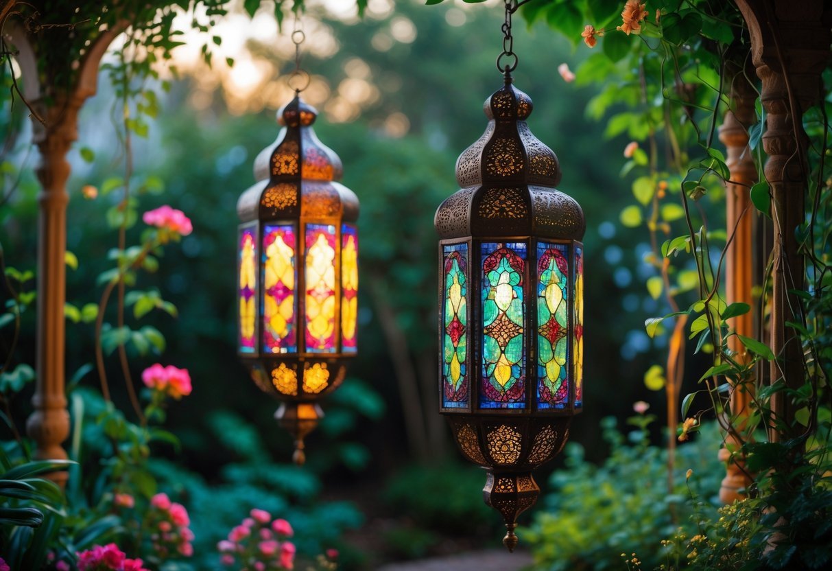19+ Garden Lantern Ideas: Stylish Ways to Brighten Your US Backyard This Summer 4 Two ornate Moroccan hanging lanterns glowing softly in a garden surrounded by green plants and flowers.