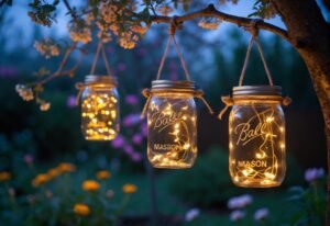 Three mason jars hanging in a garden, each filled with glowing fairy lights, surrounded by plants and trees at twilight.
