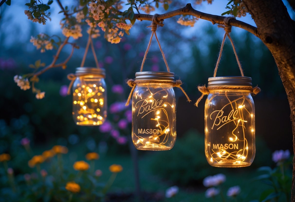 19+ Garden Lantern Ideas: Stylish Ways to Brighten Your US Backyard This Summer 5 Three mason jars hanging in a garden, each filled with glowing fairy lights, surrounded by plants and trees at twilight.
