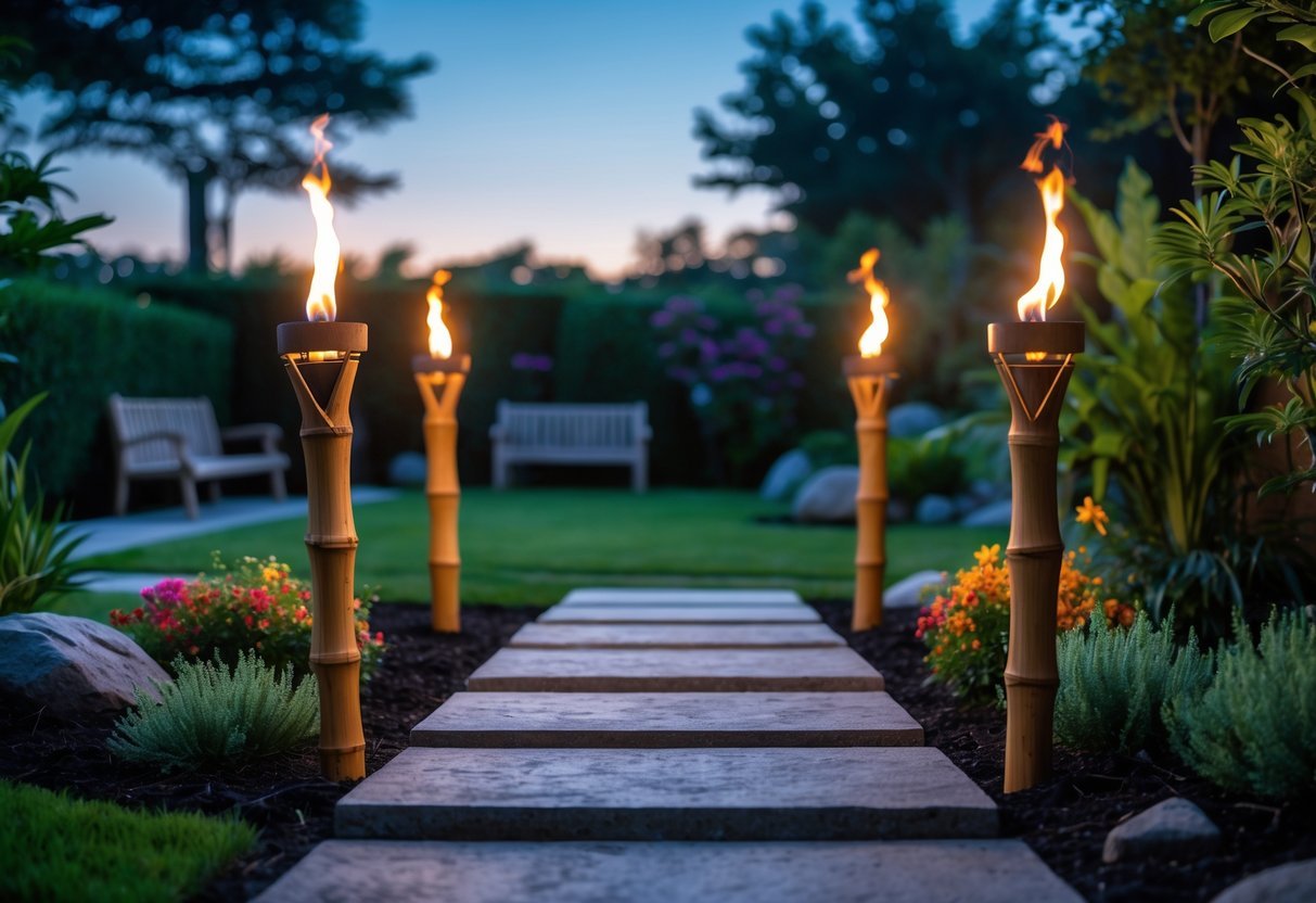 19+ Garden Lantern Ideas: Stylish Ways to Brighten Your US Backyard This Summer 6 A garden pathway lined with four lit bamboo tiki torches surrounded by green plants and flowers at dusk.