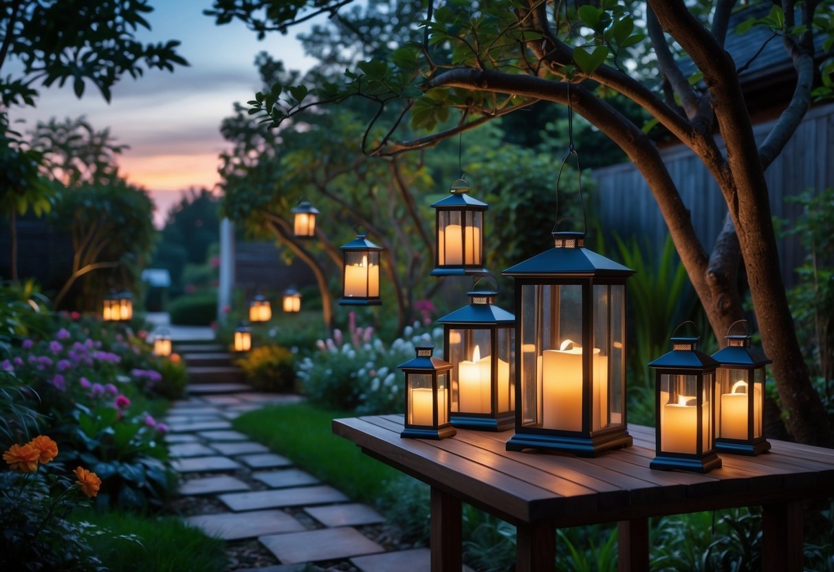 19+ Garden Lantern Ideas: Stylish Ways to Brighten Your US Backyard This Summer 7 A garden at dusk with glowing LED candle lanterns hanging from trees and placed on a wooden table surrounded by plants and flowers.