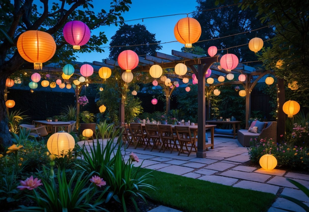 19+ Garden Lantern Ideas: Stylish Ways to Brighten Your US Backyard This Summer 8 Outdoor garden with colorful illuminated paper lanterns hanging from trees and pergolas during early evening.