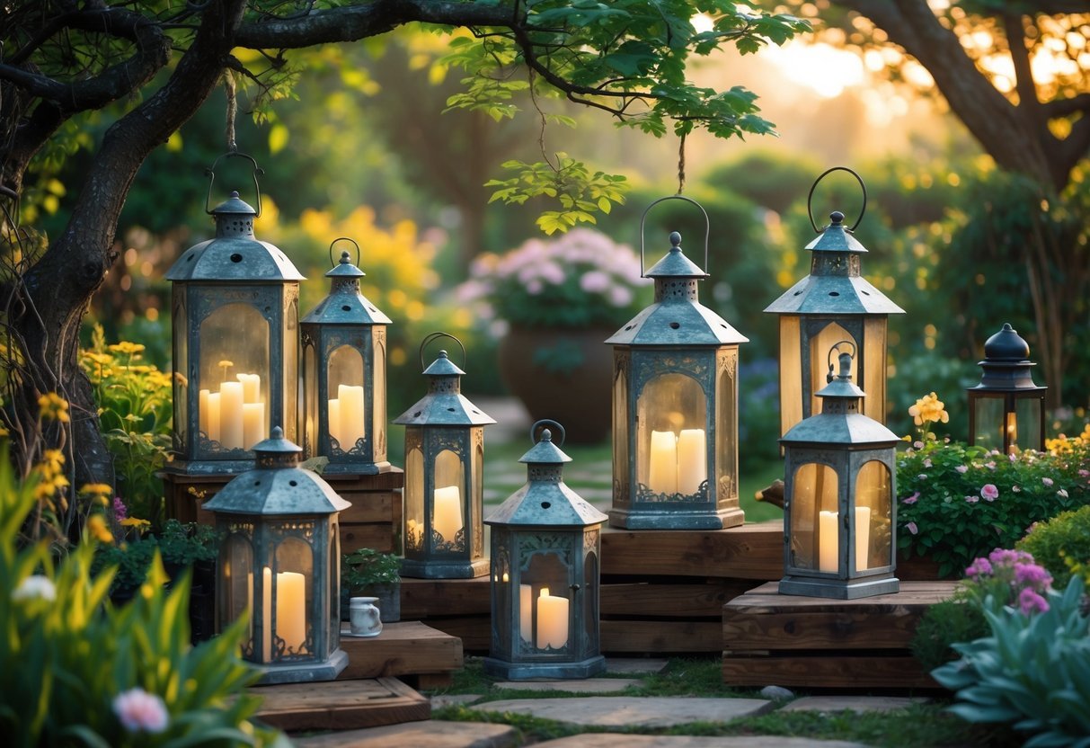 19+ Garden Lantern Ideas: Stylish Ways to Brighten Your US Backyard This Summer 9 Several vintage metal lanterns displayed in a garden surrounded by plants and flowers with sunlight filtering through trees.