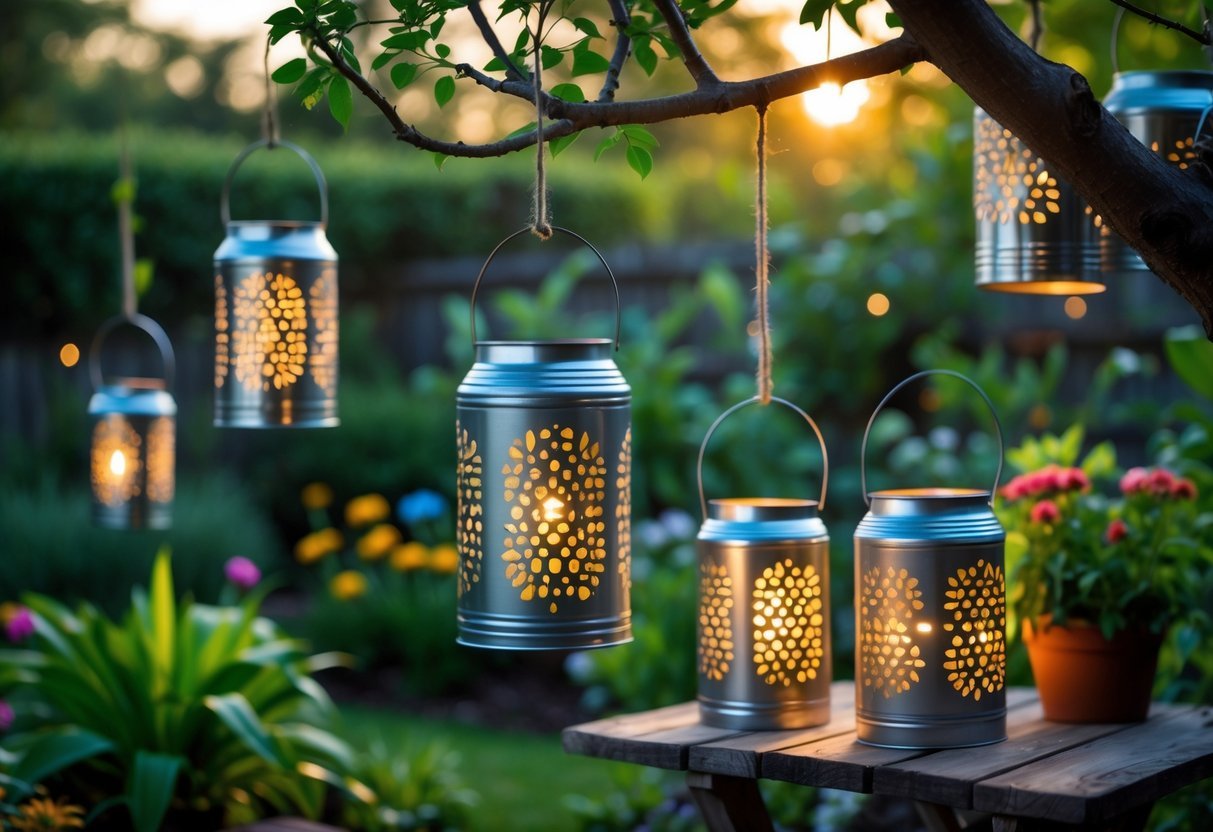 19+ Garden Lantern Ideas: Stylish Ways to Brighten Your US Backyard This Summer 10 Garden lanterns made from tin cans hanging from tree branches and placed on a wooden table surrounded by plants and flowers.