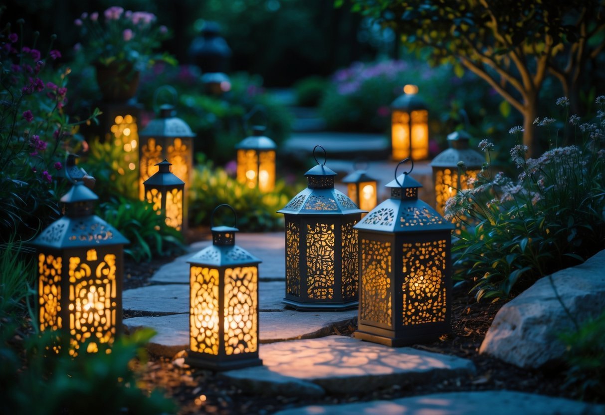 19+ Garden Lantern Ideas: Stylish Ways to Brighten Your US Backyard This Summer 11 A garden with several glowing lanterns featuring detailed laser-cut patterns hanging among plants and flowers at twilight.