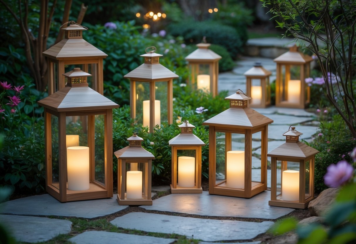 19+ Garden Lantern Ideas: Stylish Ways to Brighten Your US Backyard This Summer 12 Ten wooden frame lanterns with glass panels arranged in a garden surrounded by plants and flowers.