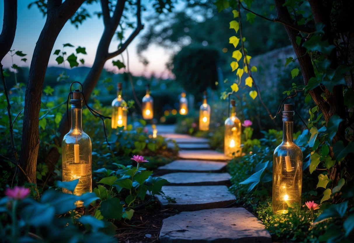 19+ Garden Lantern Ideas: Stylish Ways to Brighten Your US Backyard This Summer 13 A garden at dusk with old wine bottles repurposed as glowing lanterns hanging from trees and lining a stone pathway.
