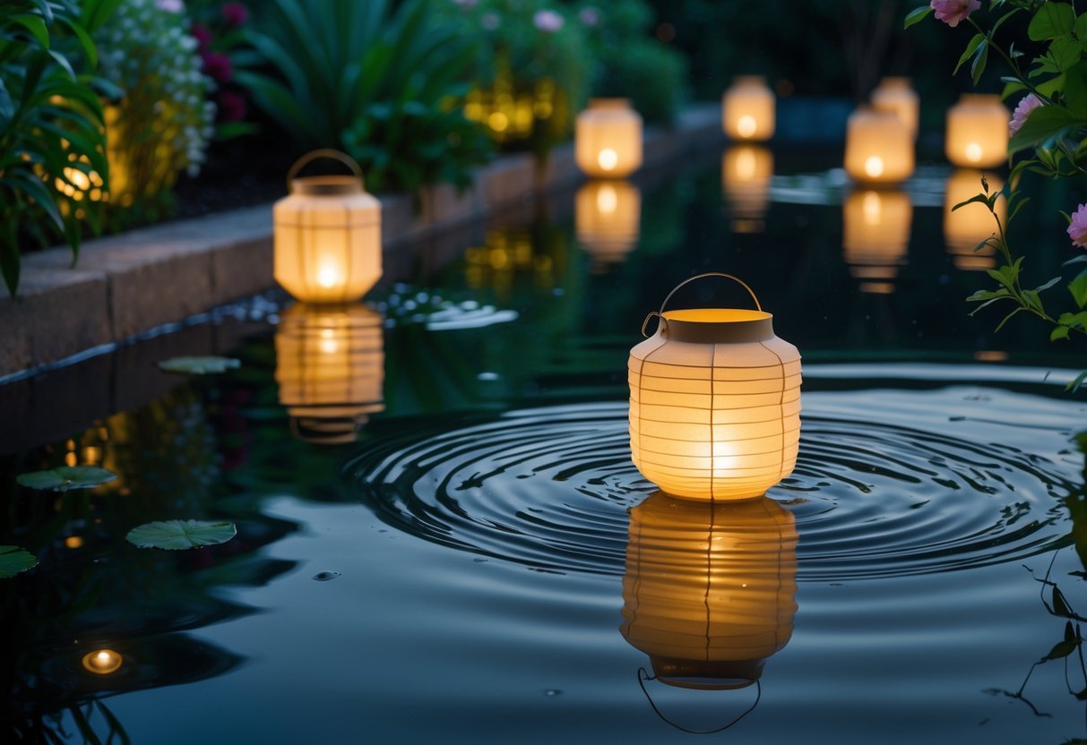 19+ Garden Lantern Ideas: Stylish Ways to Brighten Your US Backyard This Summer 14 Multiple floating lanterns glowing softly on a calm pond surrounded by garden plants at night.
