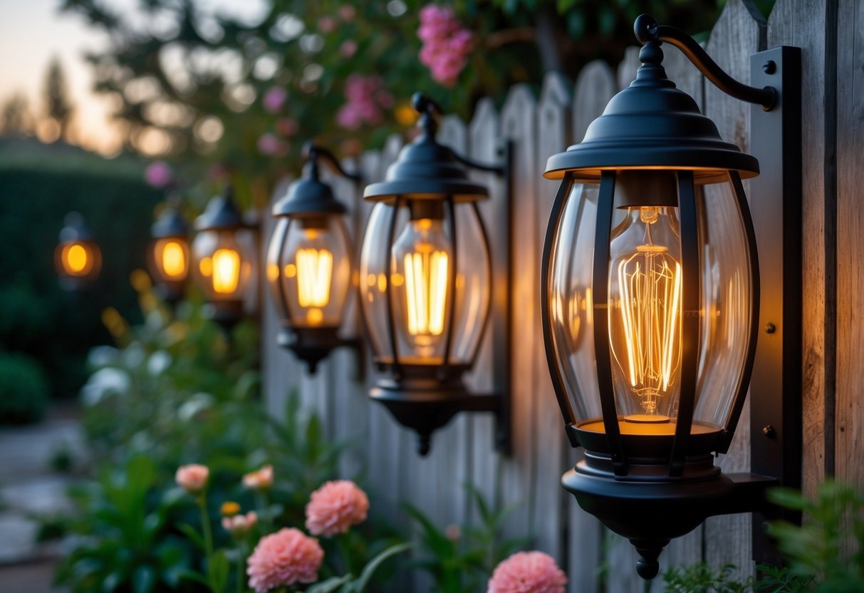 19+ Garden Lantern Ideas: Stylish Ways to Brighten Your US Backyard This Summer 15 A row of wall-mounted garden lanterns with glowing Edison bulbs on a wooden fence surrounded by plants and flowers at dusk.