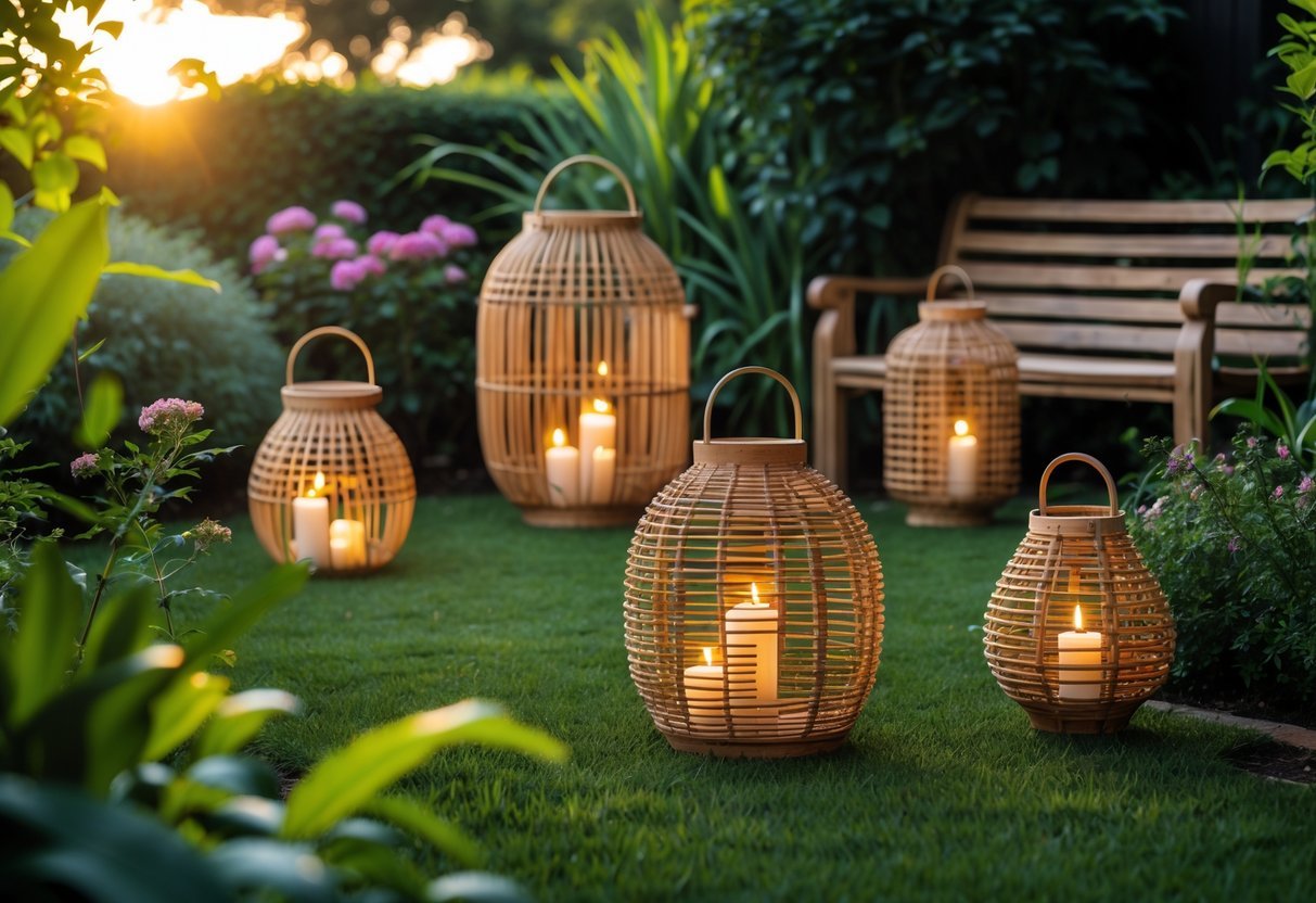 19+ Garden Lantern Ideas: Stylish Ways to Brighten Your US Backyard This Summer 16 A garden with rattan and wicker lanterns glowing softly among plants and shrubs near a wooden bench.