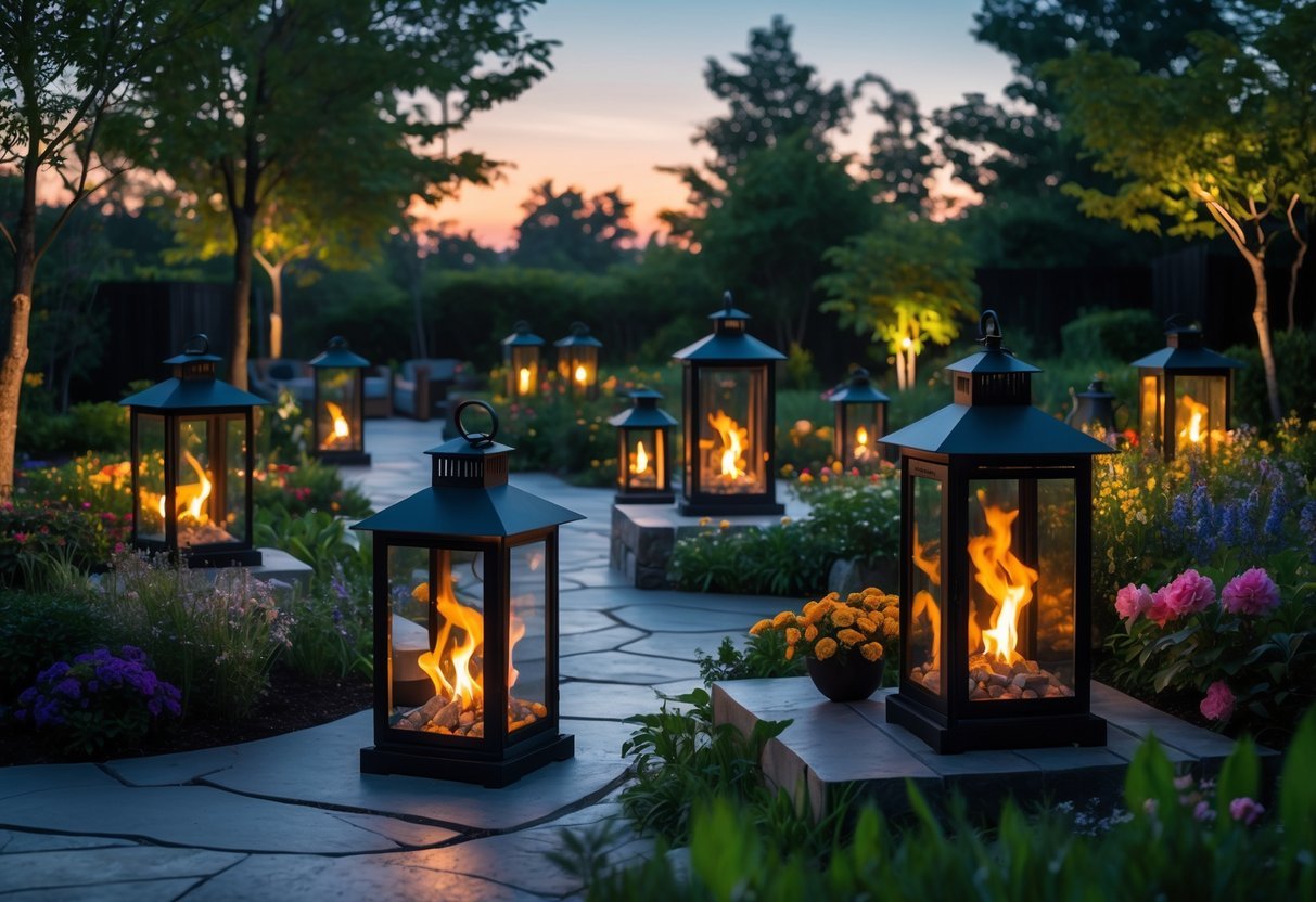 19+ Garden Lantern Ideas: Stylish Ways to Brighten Your US Backyard This Summer 17 A garden at dusk with 15 fire pit lanterns glowing with open flames among plants and stone pathways.