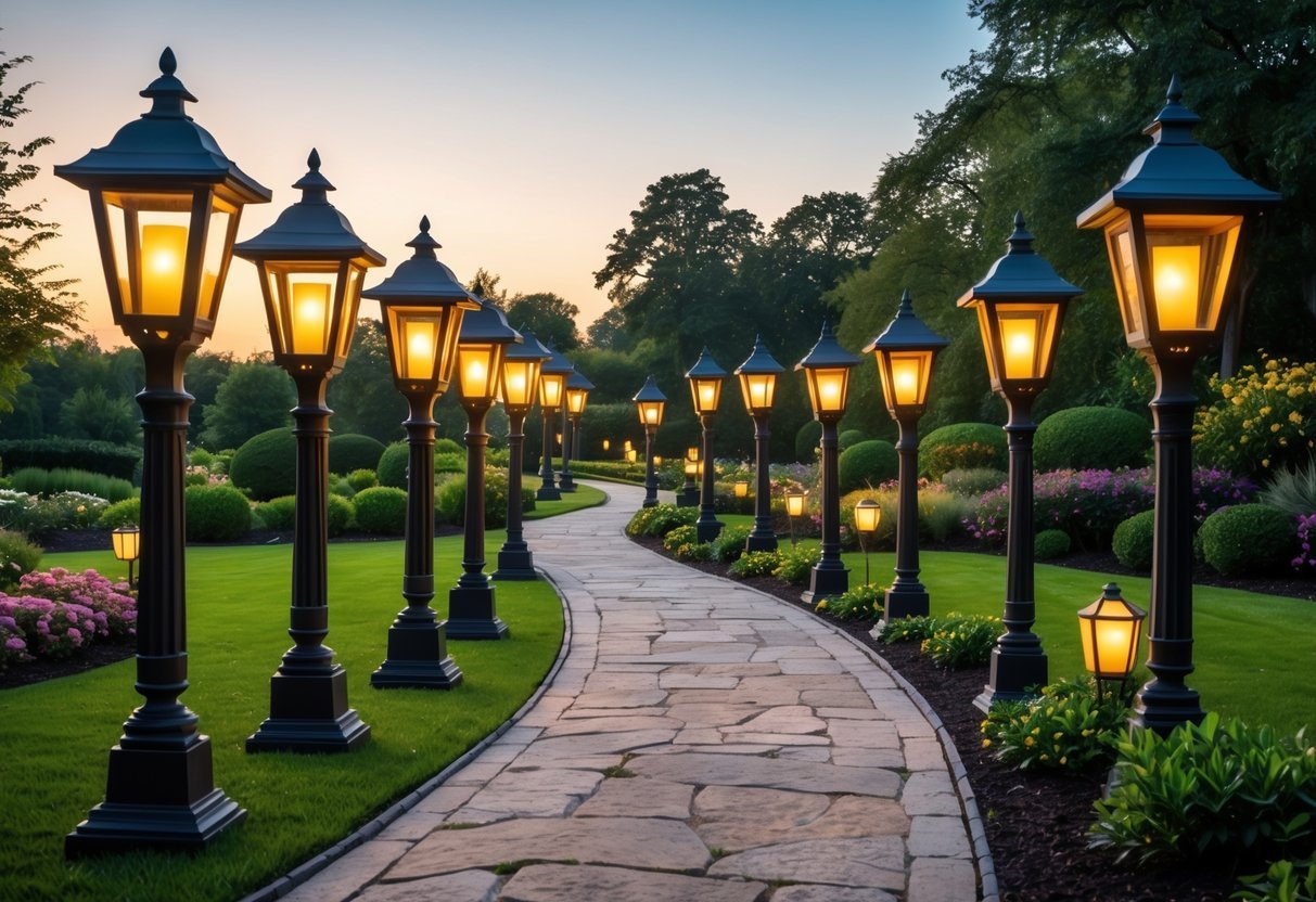 19+ Garden Lantern Ideas: Stylish Ways to Brighten Your US Backyard This Summer 18 Sixteen lantern posts lining both sides of a garden path surrounded by plants and grass.