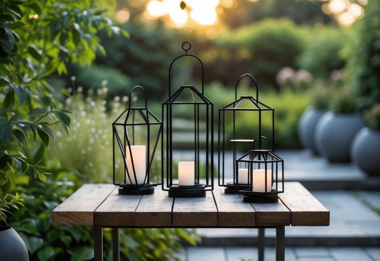 19+ Garden Lantern Ideas: Stylish Ways to Brighten Your US Backyard This Summer 19 Outdoor garden scene with geometric metal lanterns placed on a wooden table and hanging among green plants.