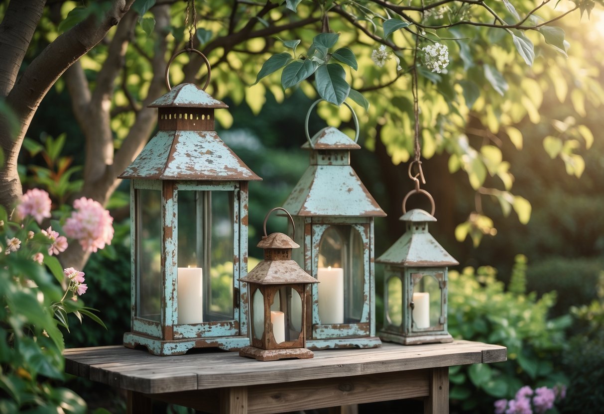 19+ Garden Lantern Ideas: Stylish Ways to Brighten Your US Backyard This Summer 20 A group of rustic garden lanterns with worn finishes displayed outdoors among green plants and flowers.