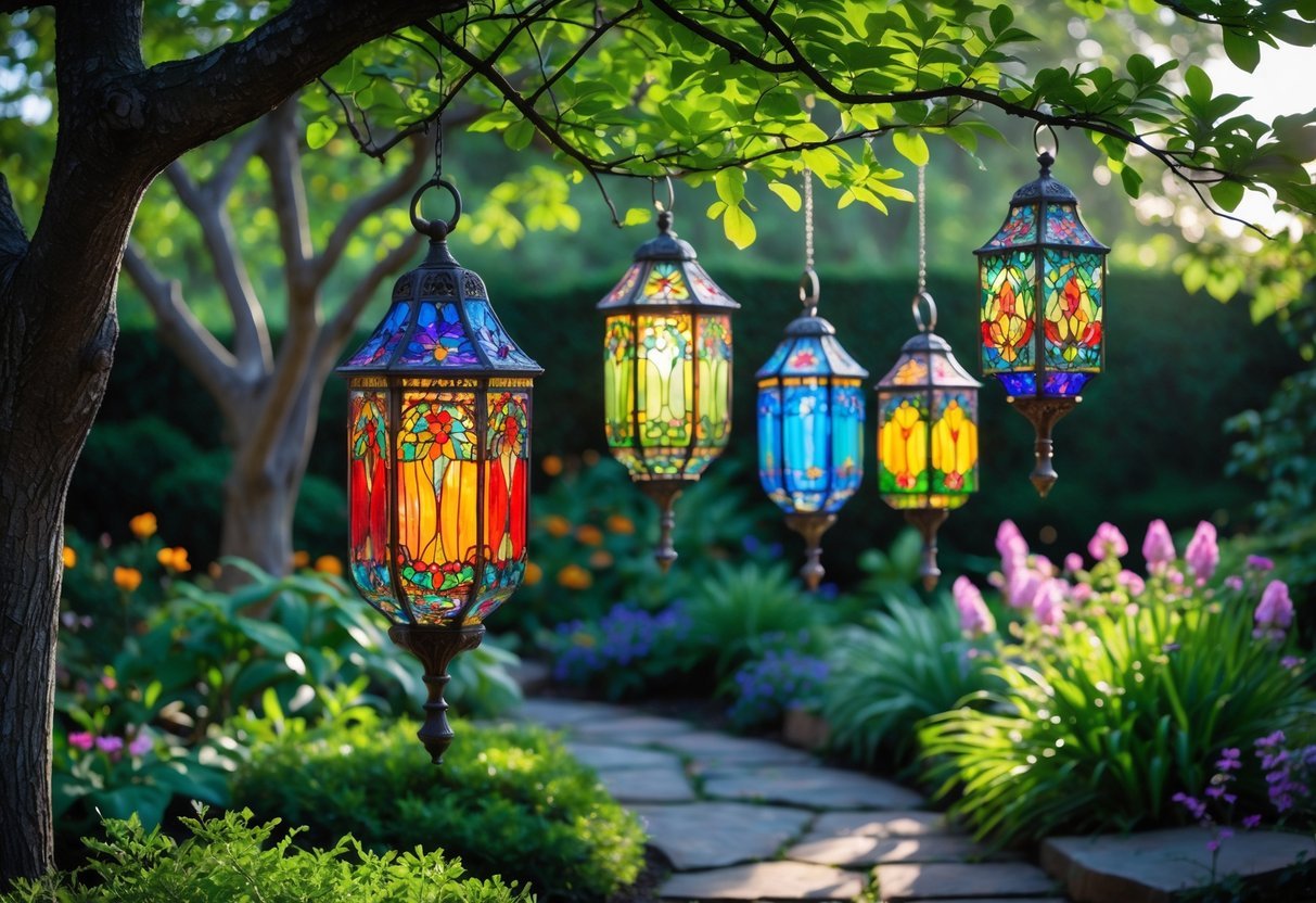 19+ Garden Lantern Ideas: Stylish Ways to Brighten Your US Backyard This Summer 21 A garden with colorful stained glass lanterns hanging from trees and placed on stone paths surrounded by green plants and flowers.