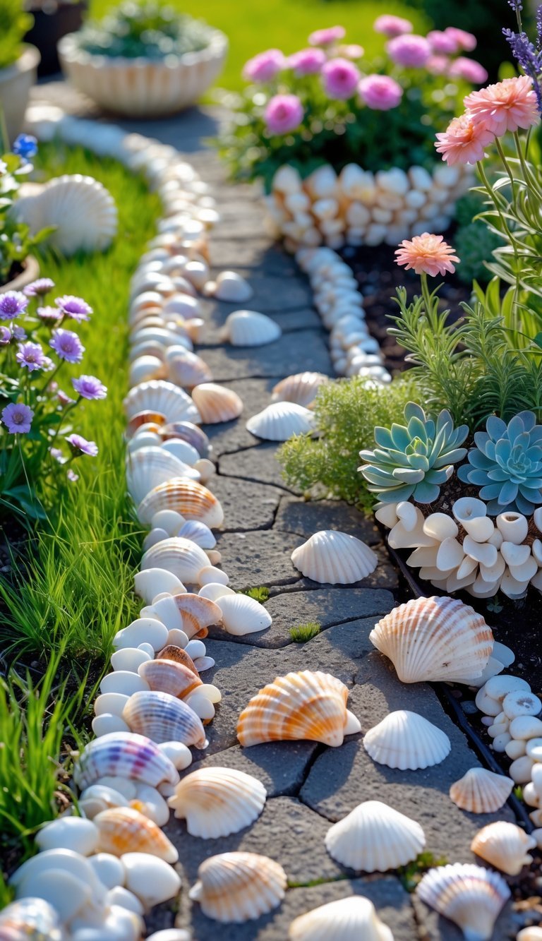 10 Garden Ideas Using Seashells to Transform Your Outdoor Space in the US 2 A garden pathway bordered with seashells surrounded by green grass and colorful flowers with seashell planters holding small plants.