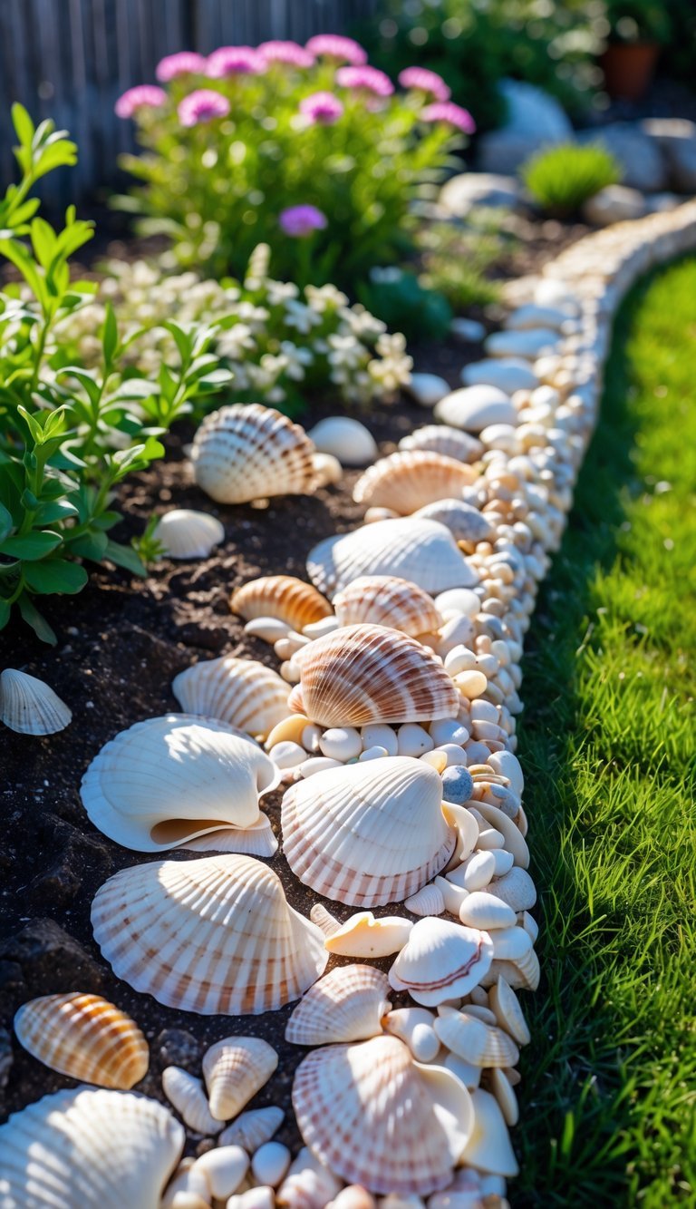 10 Garden Ideas Using Seashells to Transform Your Outdoor Space in the US 3 A garden border made of seashells surrounding green grass and colorful flowering plants.
