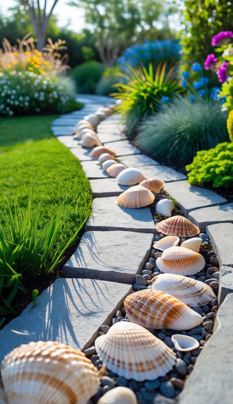 10 Garden Ideas Using Seashells to Transform Your Outdoor Space in the US 4 A garden pathway bordered by natural seashells with green grass and colorful flowers surrounding it.