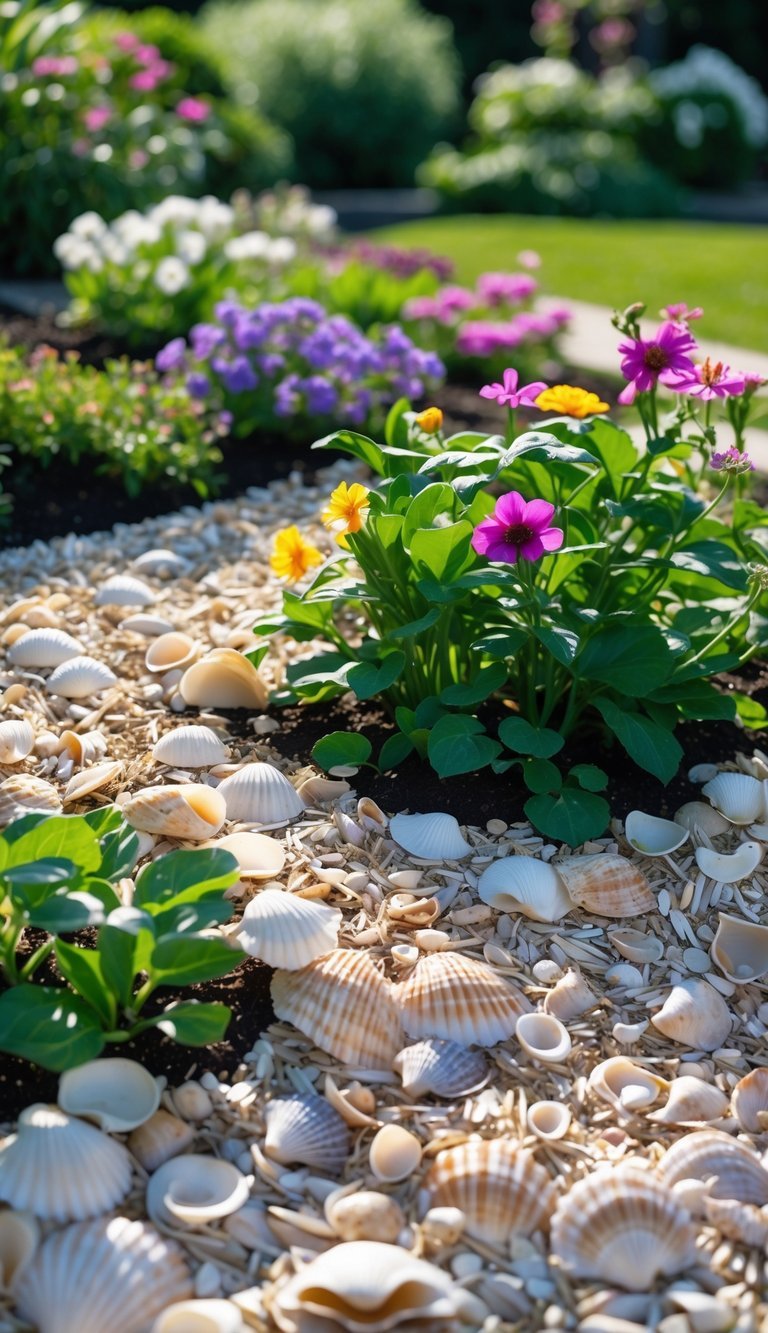 10 Garden Ideas Using Seashells to Transform Your Outdoor Space in the US 5 A flower bed with colorful flowers and green plants, covered with a layer of seashell mulch in a garden setting.