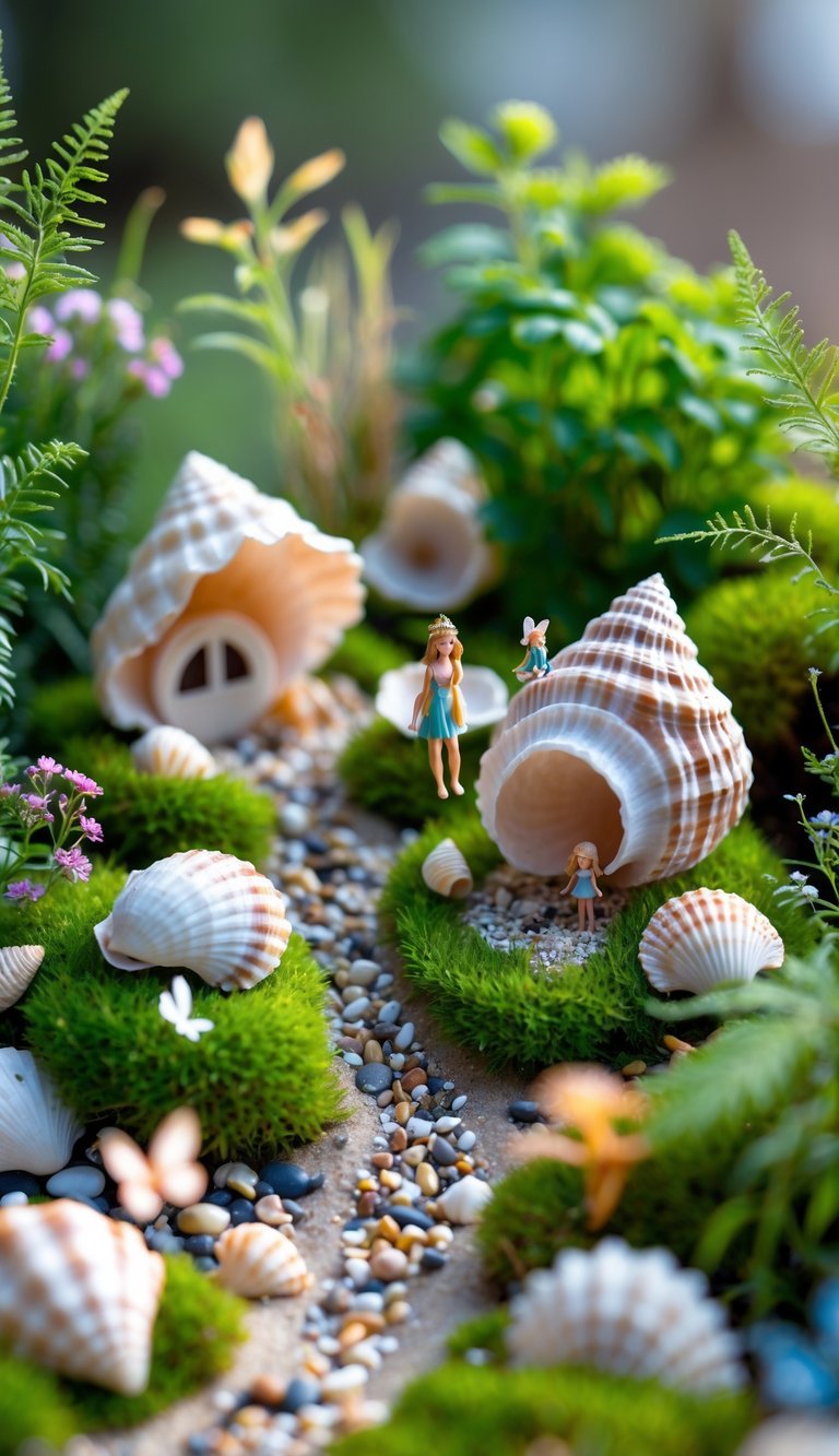 10 Garden Ideas Using Seashells to Transform Your Outdoor Space in the US 6 A miniature garden scene with seashells arranged among green plants and tiny fairy figurines.