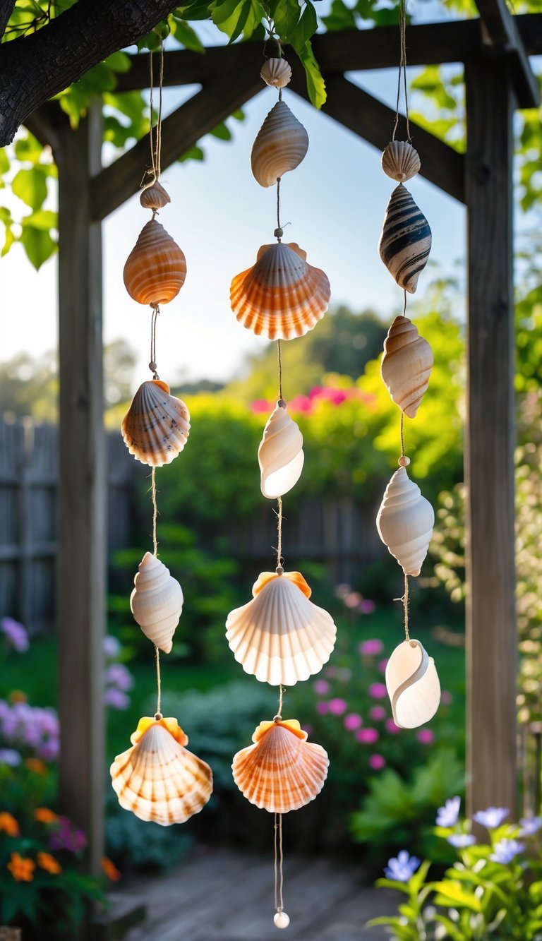 10 Garden Ideas Using Seashells to Transform Your Outdoor Space in the US 7 Five seashell wind chimes hanging among green plants and flowers in a garden.