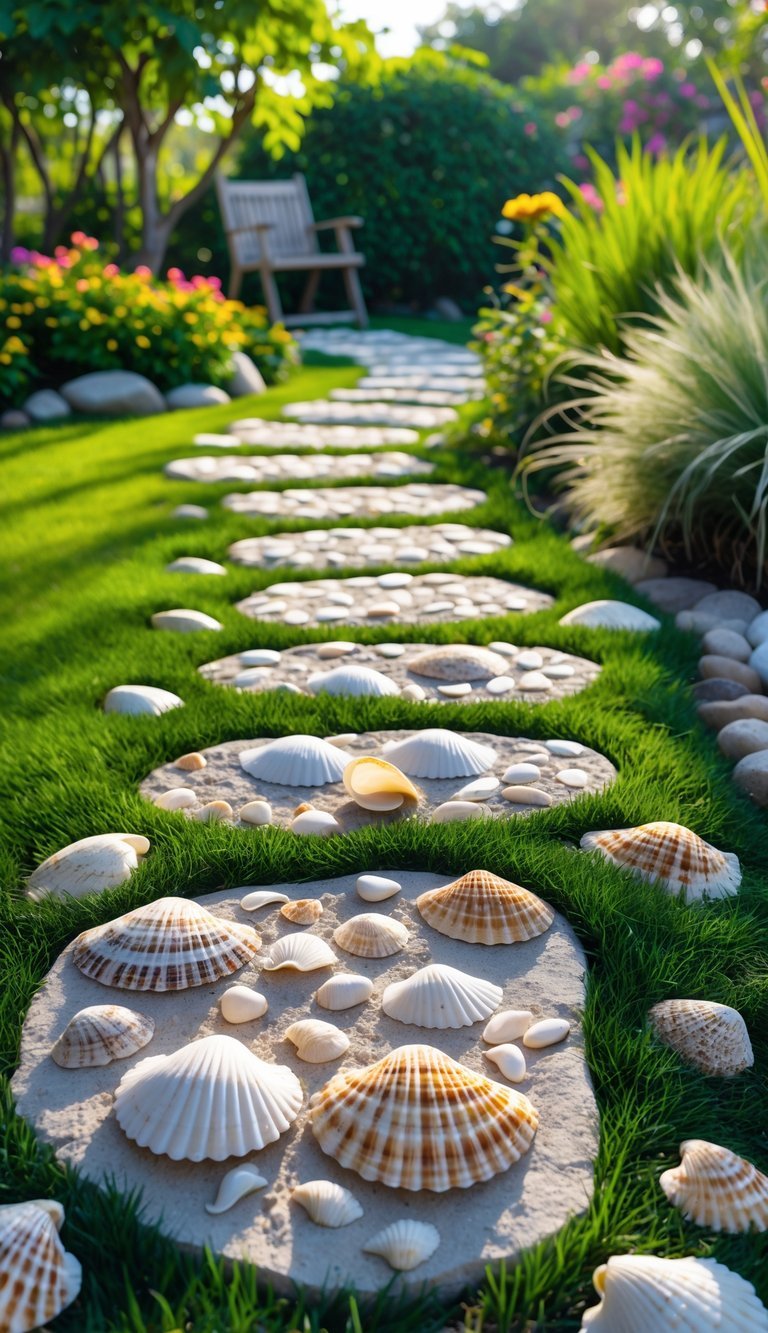 10 Garden Ideas Using Seashells to Transform Your Outdoor Space in the US 9 A garden pathway made of stepping stones decorated with various seashells, surrounded by green plants and colorful flowers.