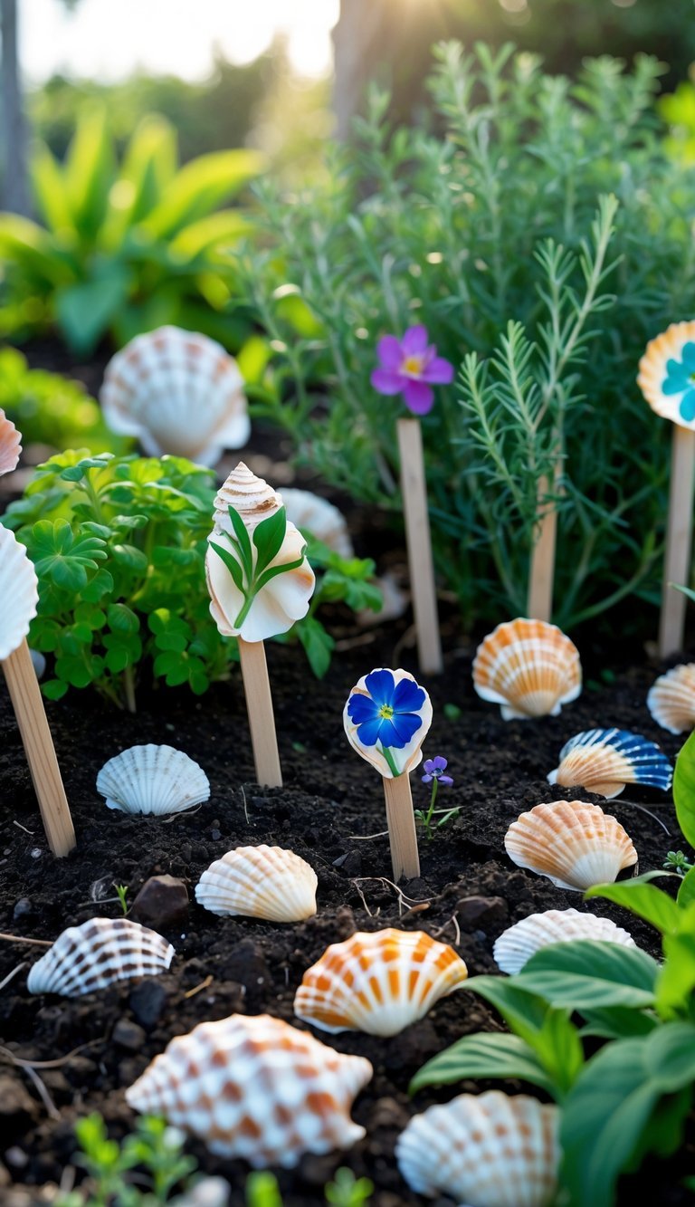 10 Garden Ideas Using Seashells to Transform Your Outdoor Space in the US 10 A garden with seashells used as markers among green plants and soil.
