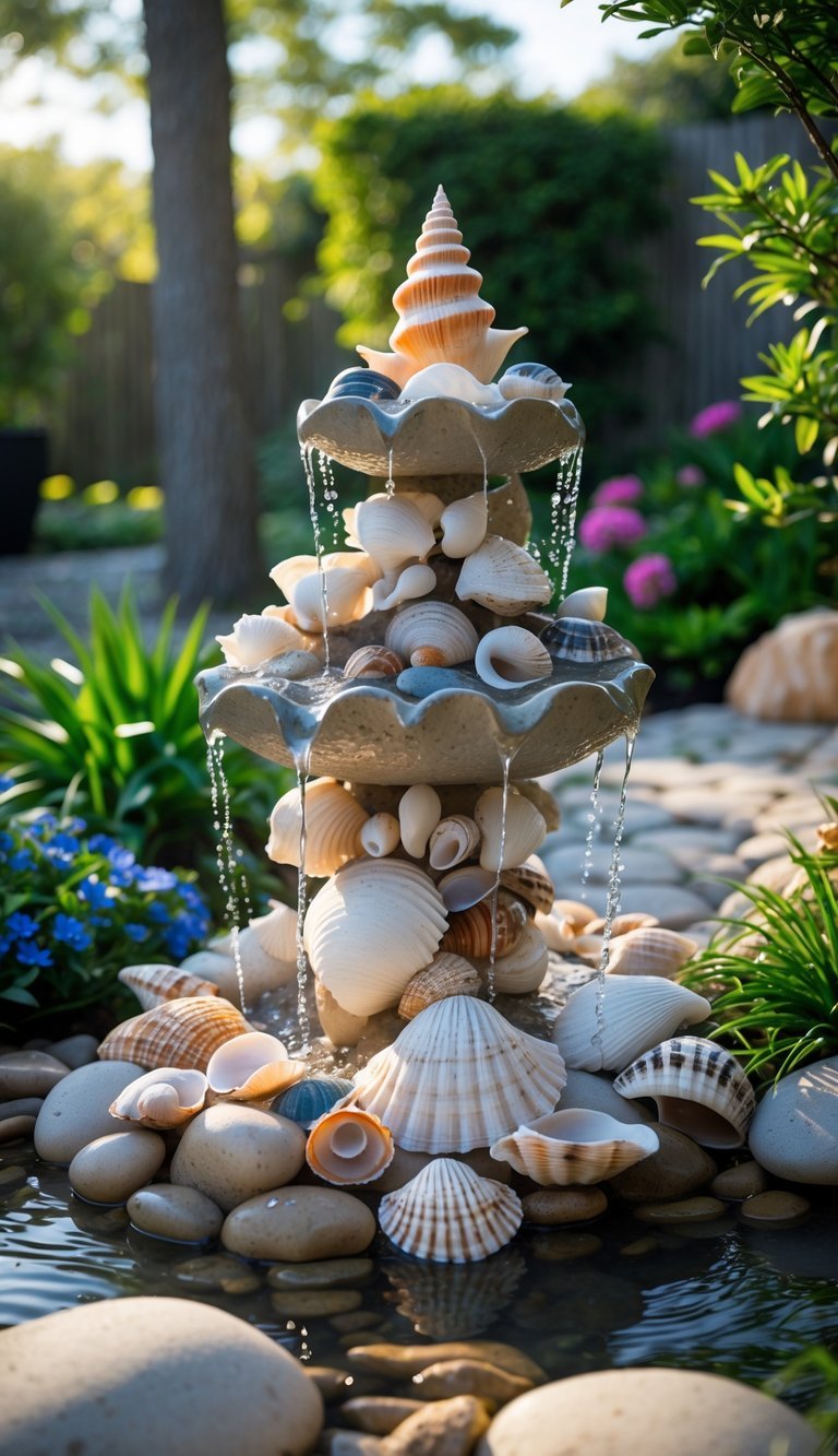 10 Garden Ideas Using Seashells to Transform Your Outdoor Space in the US 11 A garden with a decorative fountain made from seashells surrounded by plants and flowers.