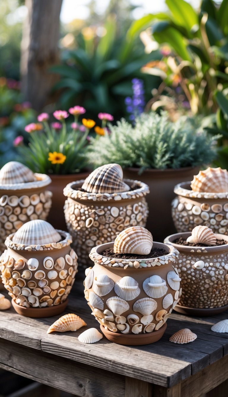 10 Garden Ideas Using Seashells to Transform Your Outdoor Space in the US 12 Ten garden pots decorated with seashell mosaics arranged on a wooden table surrounded by plants and flowers in a garden.