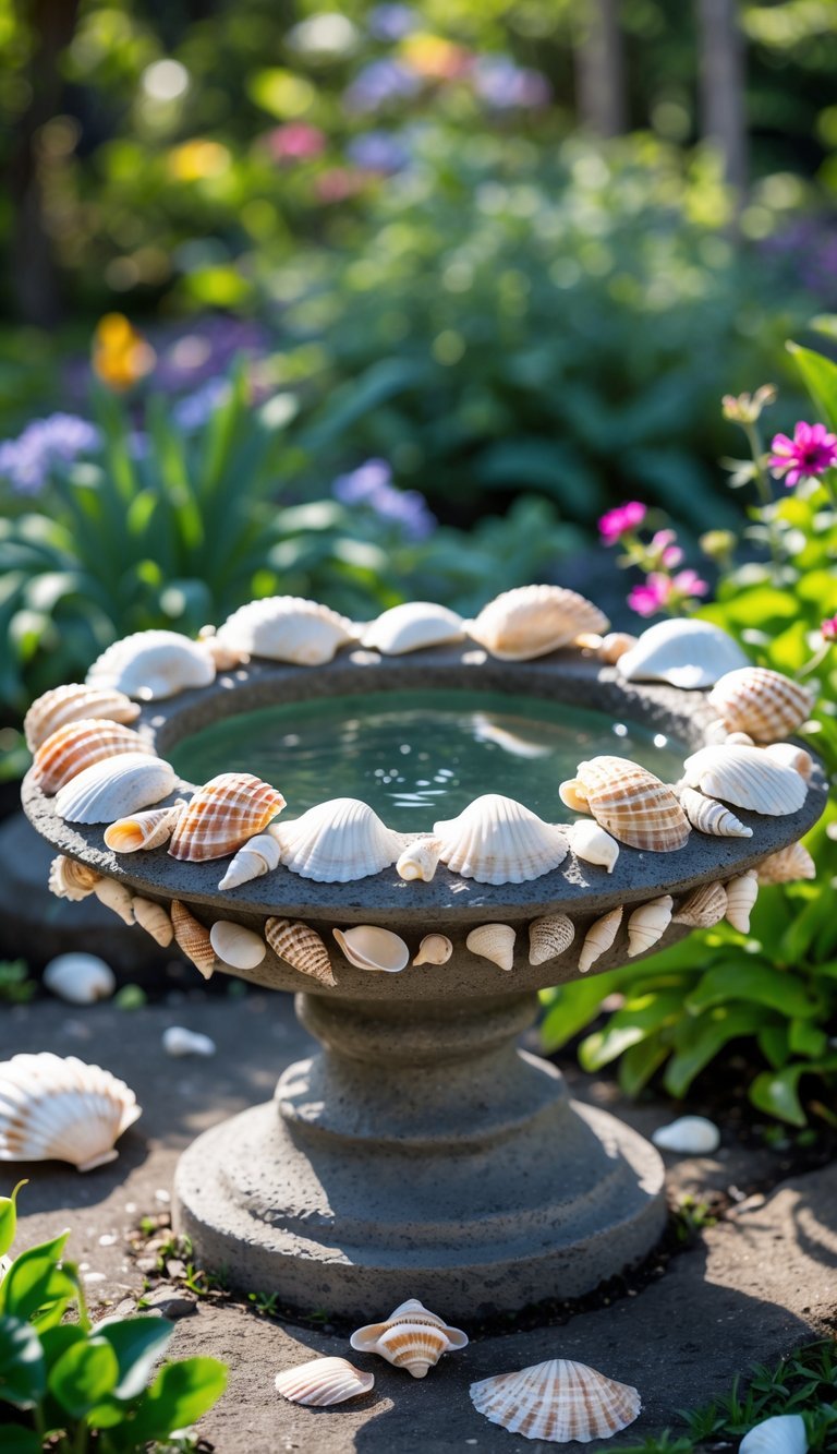 10 Garden Ideas Using Seashells to Transform Your Outdoor Space in the US 13 A stone birdbath decorated with various seashells surrounded by green plants and colorful flowers in a garden.