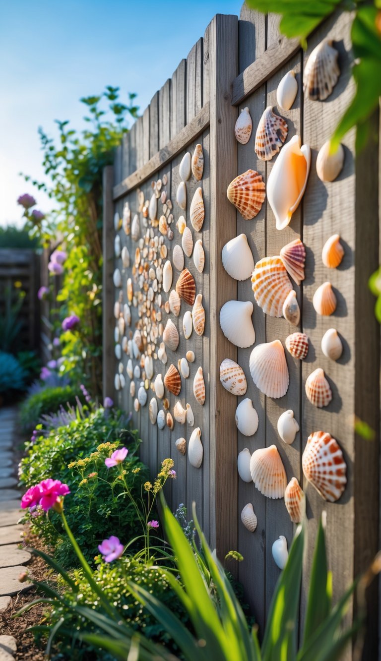 10 Garden Ideas Using Seashells to Transform Your Outdoor Space in the US 14 A wooden garden fence decorated with colorful seashells arranged in artistic patterns, surrounded by green plants and flowers under a clear blue sky.