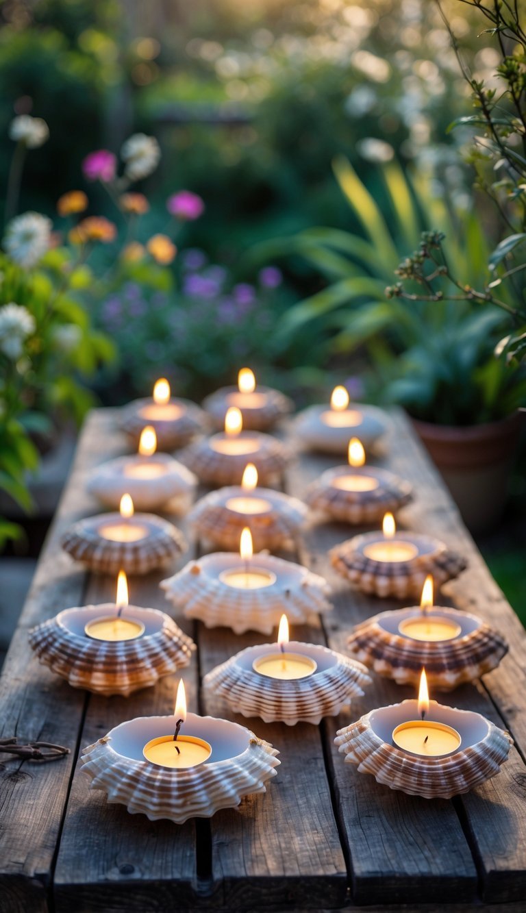 10 Garden Ideas Using Seashells to Transform Your Outdoor Space in the US 15 A garden table with thirteen seashell candle holders holding lit candles surrounded by plants and flowers.