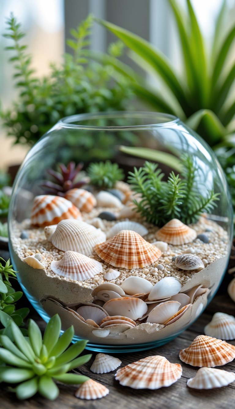 10 Garden Ideas Using Seashells to Transform Your Outdoor Space in the US 16 A seashell terrarium filled with various seashells, sand, and small plants on a garden surface.