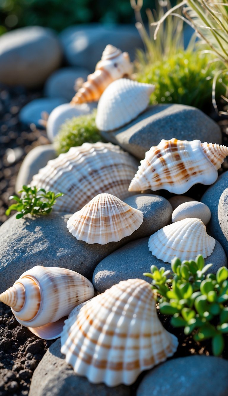 10 Garden Ideas Using Seashells to Transform Your Outdoor Space in the US 17 A garden scene with seashells arranged among rocks and small plants.
